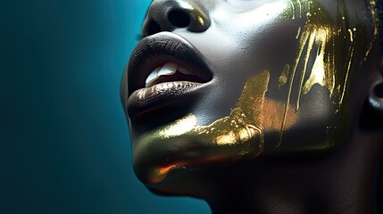 Model with dripping paint makeup in metallic hues, focusing on the lips