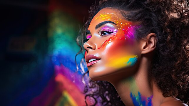 Model with a rainbow paint makeup look, blending multiple colors across the face and neck