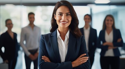 portrait of beautiful business woman standing with crossed arms in office background - obrazy, fototapety, plakaty