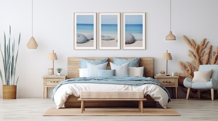  a coastal style bedroom with a marine themed decor and furniture, featuring a mock up frame.