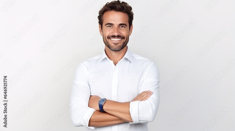 Wall mural man or manger a smiling with arms crossed on white studio background. generative ai