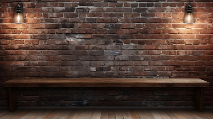 A brick wall with two lanterns on the sides and a wooden bench. Abstract concept design. Generative AI.