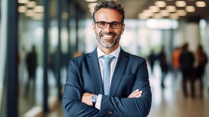 Fototapeta premium portrait of a professional man or CEO a smiling with arms crossed at office. generative ai