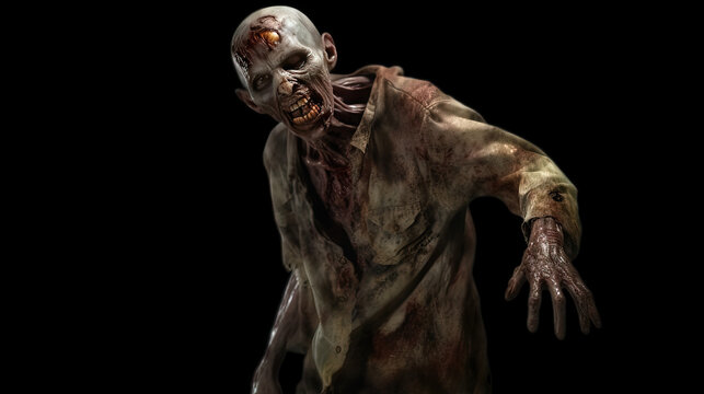 Scary zombie trying to attack. isolated black background. Generative AI.