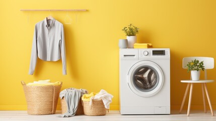 Bright yellow wall background featuring washing machine in laundry room interior.