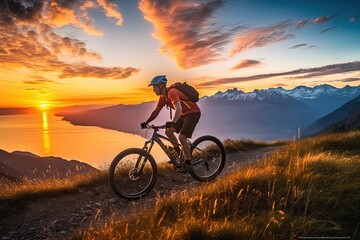 Fototapeta na wymiar A cyclist rides a bicycle on an extreme descent. A man on a mountain bike races through the mountains. Extreme sports in nature and a healthy lifestyle.
