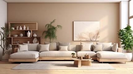 Modern home decor template with a stylish modular beige sofa, wooden coffee tables, plants, pillows, plaid, neutral room divider, elegant accessories.