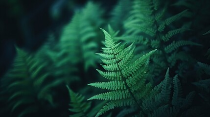 Green fern leaf in forest. Dark vintage plant