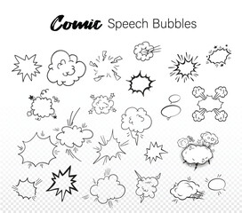Set of comics bombs and explosions. Speech bubbles with words splash, bam, crack, pow, boom, crash and bang. Design elements for print. Cartoon flat vector collection isolated on white background

