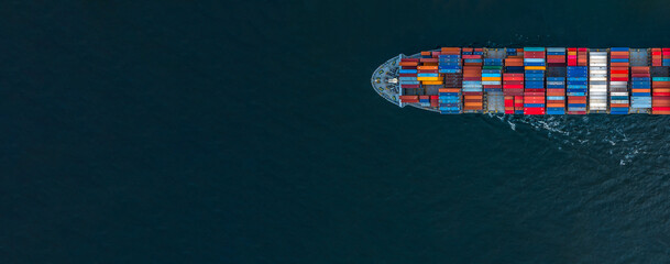 Container ship aerial top view close up, Global business logistic freight shipping import export international by container ship vessel in the open sea, Container cargo industrial freight shipment. - obrazy, fototapety, plakaty