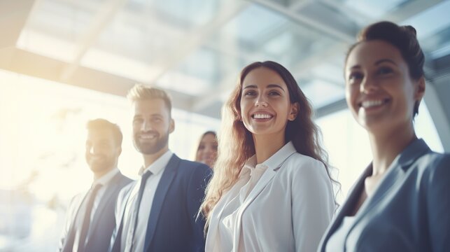 portrait of a smiling business team standing at office