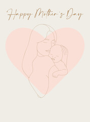 Happy mother's day. Young mom hugging her baby. Hand drawn illustration for Happy International Mother's Day card, loving family, parenthood childhood concept. Cute greeting card in pastel pink tones.