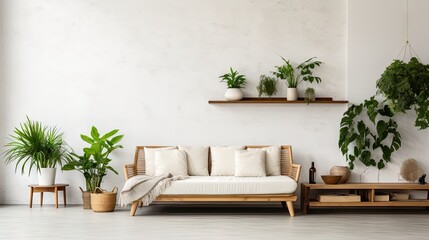 Real photo of a white loft interior with wooden sofa and armchair on rug next to bench with plants.