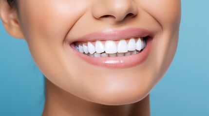 Obraz premium A young woman's smile shows off her pearly whites. a consequence of the teeth-whitening process. The picture represents dental treatment for the mouth. 