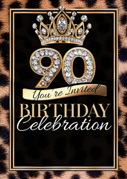 90th Gold Black Cheetah Print Birthday Party Invitation Template Design