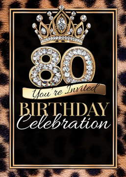 80th Gold Black Cheetah Print Birthday Party Invitation Template Design
