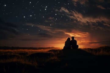 Couple lying in an open field, hands intertwined, as meteors blaze across a starlit sky, embodying eternal love under the vast cosmos