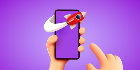 Cute cartoon hand holding mobile smartphone with launching rocket. Social media and marketing concept.