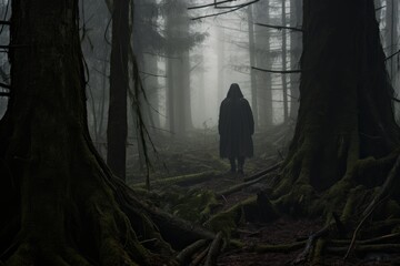 Hooded figure journeys through an ancient forest, where towering trees emerge from the dense fog, creating an aura of mysticism and intrigue.