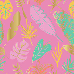Fototapeta na wymiar Summer tropical paradise. Seamless pattern with floral gold elements. Template for textile design, cards, covers.