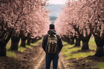 Amidst the ethereal blush of cherry blossoms, a lone traveler wanders, their journey weaving a narrative of solitude and wonder in the embrace of nature's fleeting beauty.