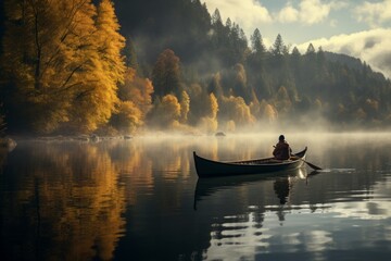 Serene canoe journey on a placid lake, capturing the mirrored beauty of autumnal trees.