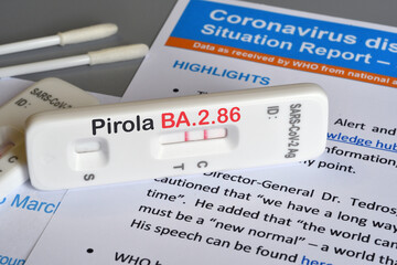 SARS‑CoV‑2 antigen test kit for self testing with positive result with text Pirola BA.2.86 on grey background. Close-up. Concept for the new Covid 19 Pirola Variant