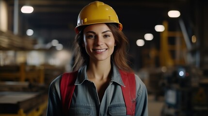 happy female engineer on the job site wearing a hard hat
