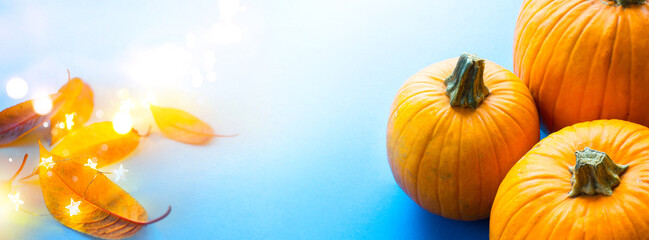 thanksgiving holiday party banner or greeting card background with autumn pumpkin and autumn ...