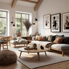 Scandinavian Living Room: A cozy blend of neutral colors, natural materials, and minimalistic furnishings creates a welcoming and airy atmosphere. AI Generated