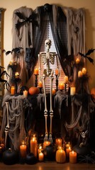 Halloween pumpkin on a grave. AI generated art illustration.