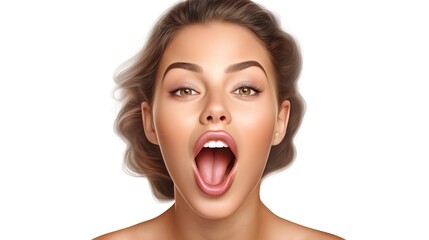 portrait of a woman screaming on white background, emotion face