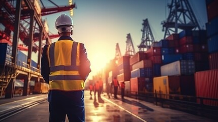 Control employees operate cranes, load intermediate container boxes, order trucks and move containers to maintain organisation, transport, import and export, and cargo freight logistics. generative ai - obrazy, fototapety, plakaty