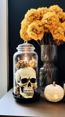 Halloween pumpkin on a grave. AI generated art illustration.