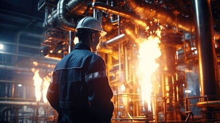 Refinery workers discussion and pointing for inspection. generative ai