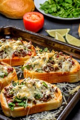 Savory Bruschettas: Close-Up 4K Photo of Bruschettas with Meat and Chili Beans