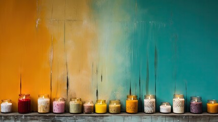 Arrangement of scented candles by painted wall.