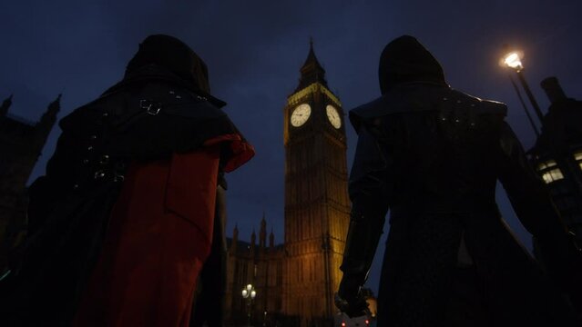 Silhouette of mysterious men in front of clock tower