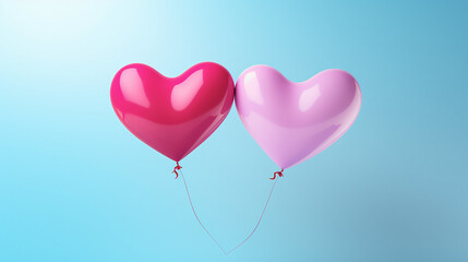 Two pink heart-shaped balloons on a blue background. Concept Valentine's Day, wedding, Love symbol. Copy space.