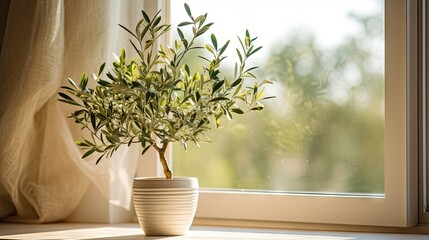 Stunning young olive tree as interior decor on windowsill.