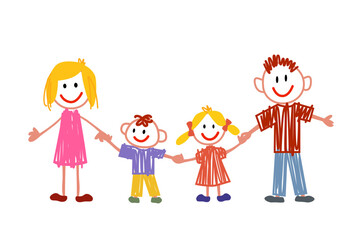 Fototapeta na wymiar Family - brother, sister holding hands with mother and father. The drawings are drawn by a child's hand with colored pencils on white paper. Vector illustration isolated on white background.