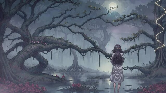 a woman standing in the swamp of a forest at night