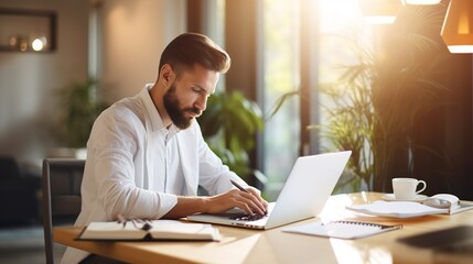 Obraz premium Businessman working on laptop in office. generative ai