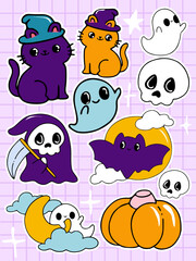 Set of Halloween stickers. Pumpkins, ghosts and bats. Isolated sticker pack with Halloween elements. Cool patches, pins in cartoon style. Flat vector stickers