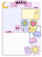 Cute girls school notes with magic star moon  poison , blue, pink, white, magenta, cartoon character, empty to do list, weekly planer for kid's education, reminder ready for print  inspiration
