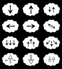 Clouds download. Set of icons for web, business. White vector clouds with arrows. Upload buttons