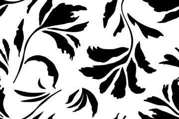 Seamless botanical pattern monochrome modern collage of doodles of various flowers, twigs, freehand ink sketch. Vector illustration isolated on white background.