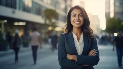 Naklejka premium Woman with arm crossed on street background. generative ai