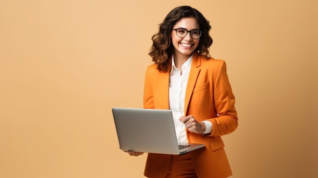 Business woman with laptop on studio background. generative ai