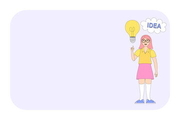 Young woman pointing at light bulb. Concept of creativity, good idea, life hack, important thought. Finding solution, insight. Discover something new. Brainstorming. White speech bubble
